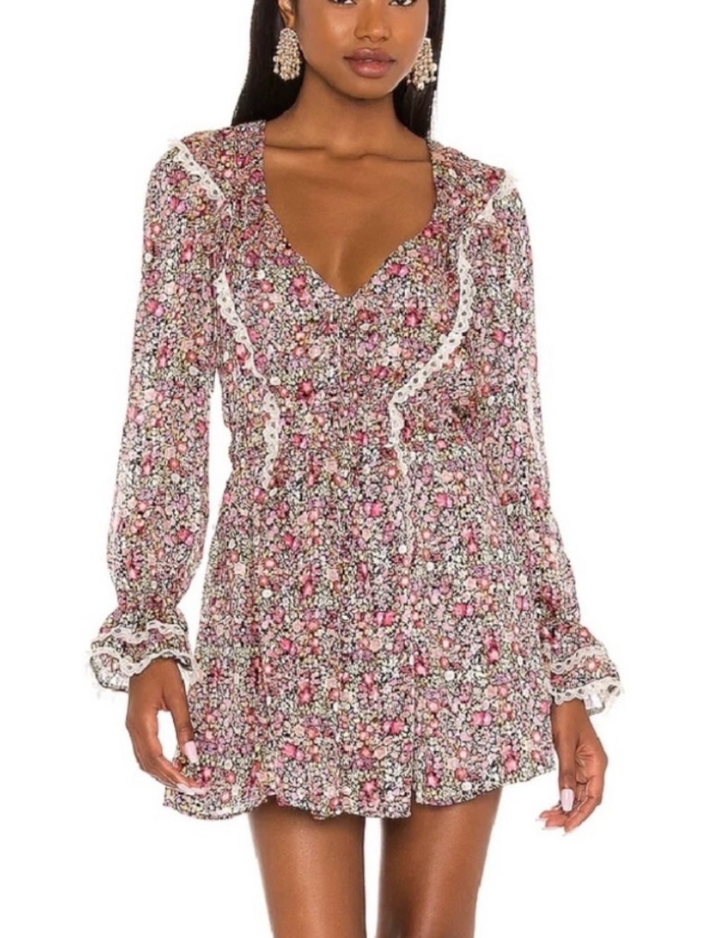 For Love & Lemons Pink Floral Long-Sleeve Mini Dress